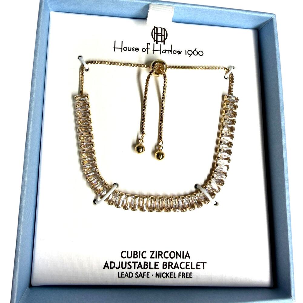 House of Harlow 1960 Gold Baguette cubic zirconia Adjustable Bolo Bracelet (NIB)